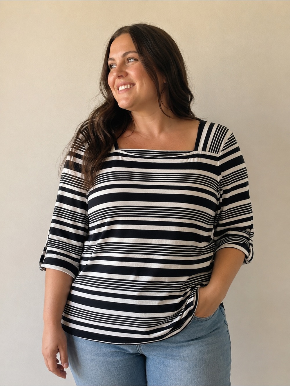 Talbots Black & White Striped Boatneck Knit Top Sz XL